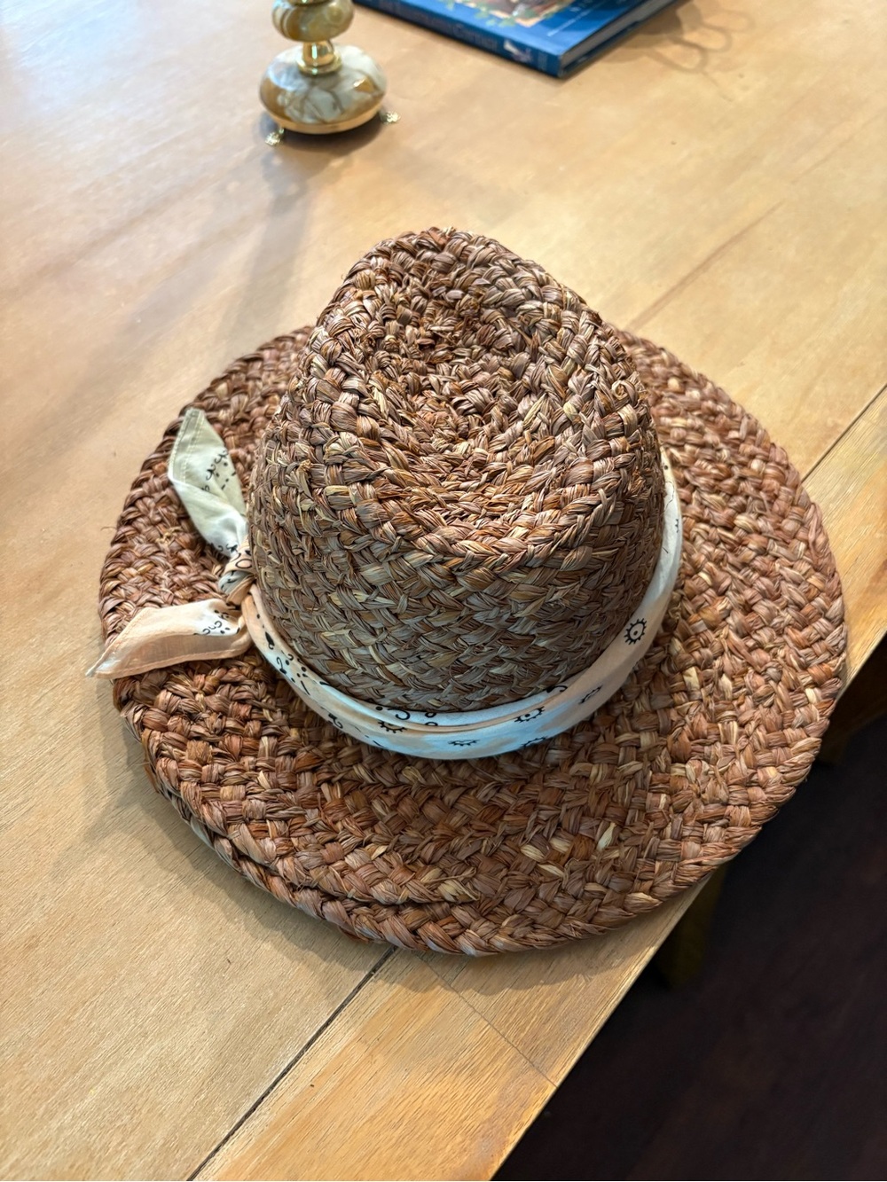 Madewell Natural Brown Woven Straw Hat with Cream Bandana